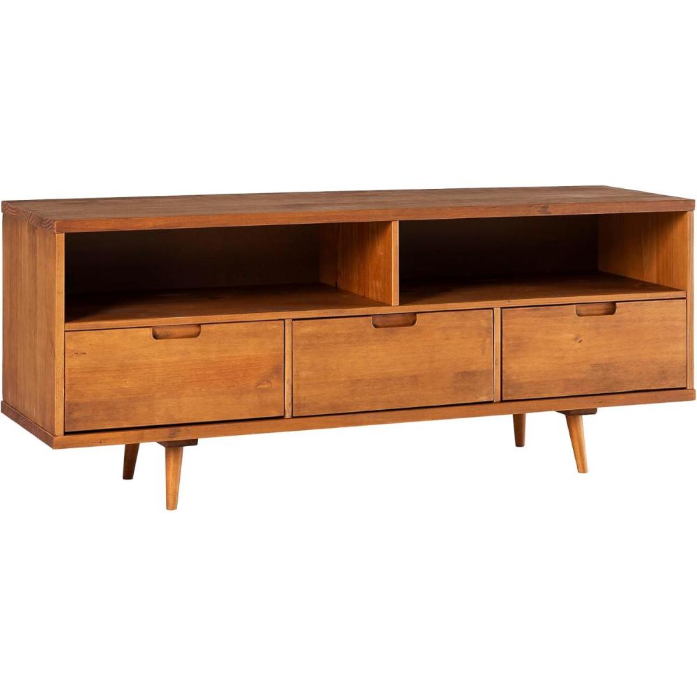 imageWalker Edison Millie Mid Century Modern 3 Drawer Solid Wood Low Stand for TVs up to 65 Inches 58 Inch WhiteCaramel