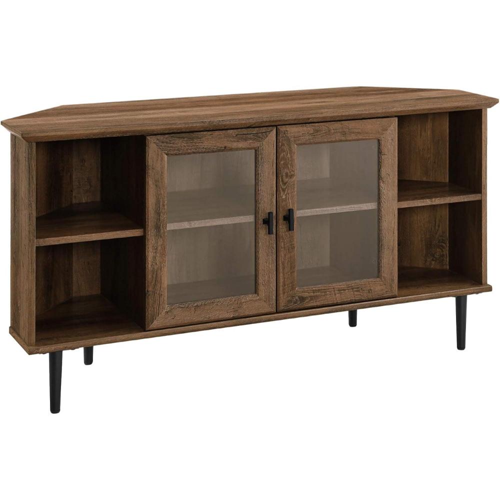 imageWalker Edison Modern Wood Corner Universal TV Stand with Open Shelves Glass Cabinet Doors Storage for TVs up to 55 Flat Screen Living Room Storage Entertainment Center 48 Inch Rustic OakRustic Oak