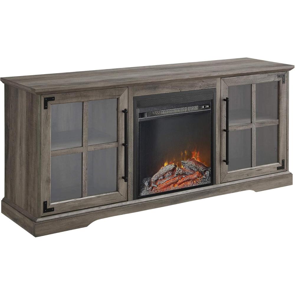 imageWalker Edison Rustic Farmhouse Wood and Glass Fireplace TV Stand with 2 Cabinet Doors for TVs up to 65 60 Inch Grey