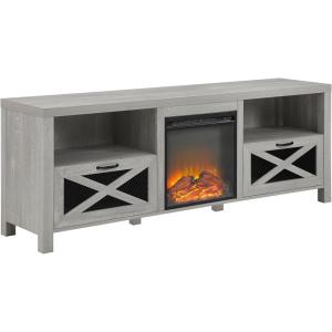Walker Edison Calgary Industrial Farmhouse X-Drawer Metal Mesh and Wood Fireplace TV Stand for TVs up to 80 Inches, 70 Inch, Rustic Oak(Stone Grey)