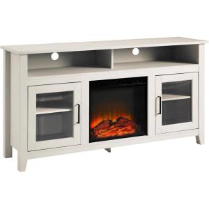 Walker Edison Glenwood Rustic Farmhouse Glass Door Highboy Fireplace TV Stand for TVs up to 65 Inches, 58 Inch, Grey Wash(Brushed White)