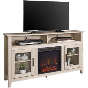 Walker Edison Glenwood Rustic Farmhouse Glass Door Highboy Fireplace TV Stand for TVs up to 65 Inches, 58 Inch, Grey Wash(White Oak)