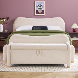 Walker Edison Chantelle Modern Contemporary Curved Upholstered Bench with Storage, 56 Inch, Ivory Bouclé(Ivory)