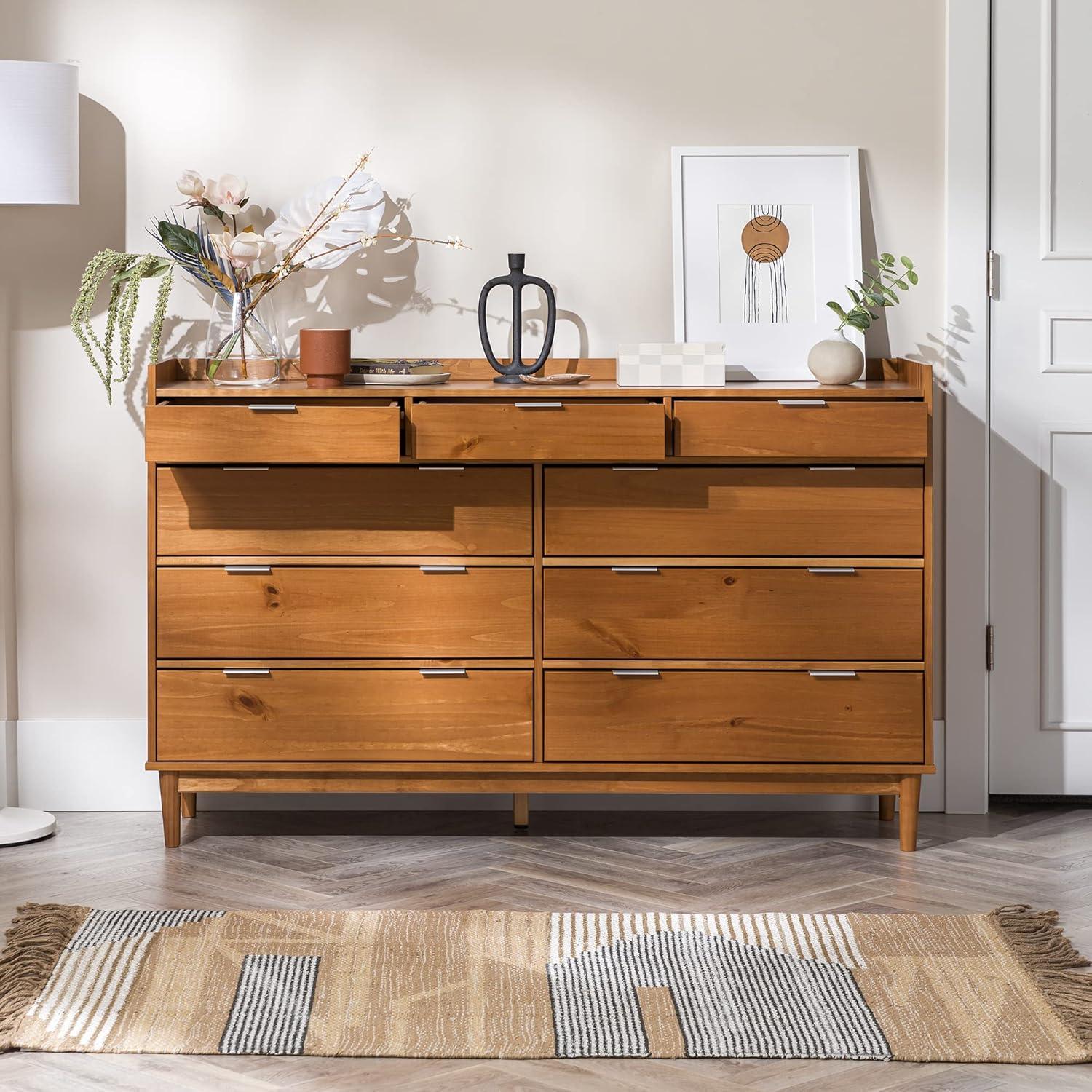 imageWalker Edison Blythe MidCentury Modern TrayTop Solid Wood 9Drawer Dresser 60 Inch WhiteCaramel