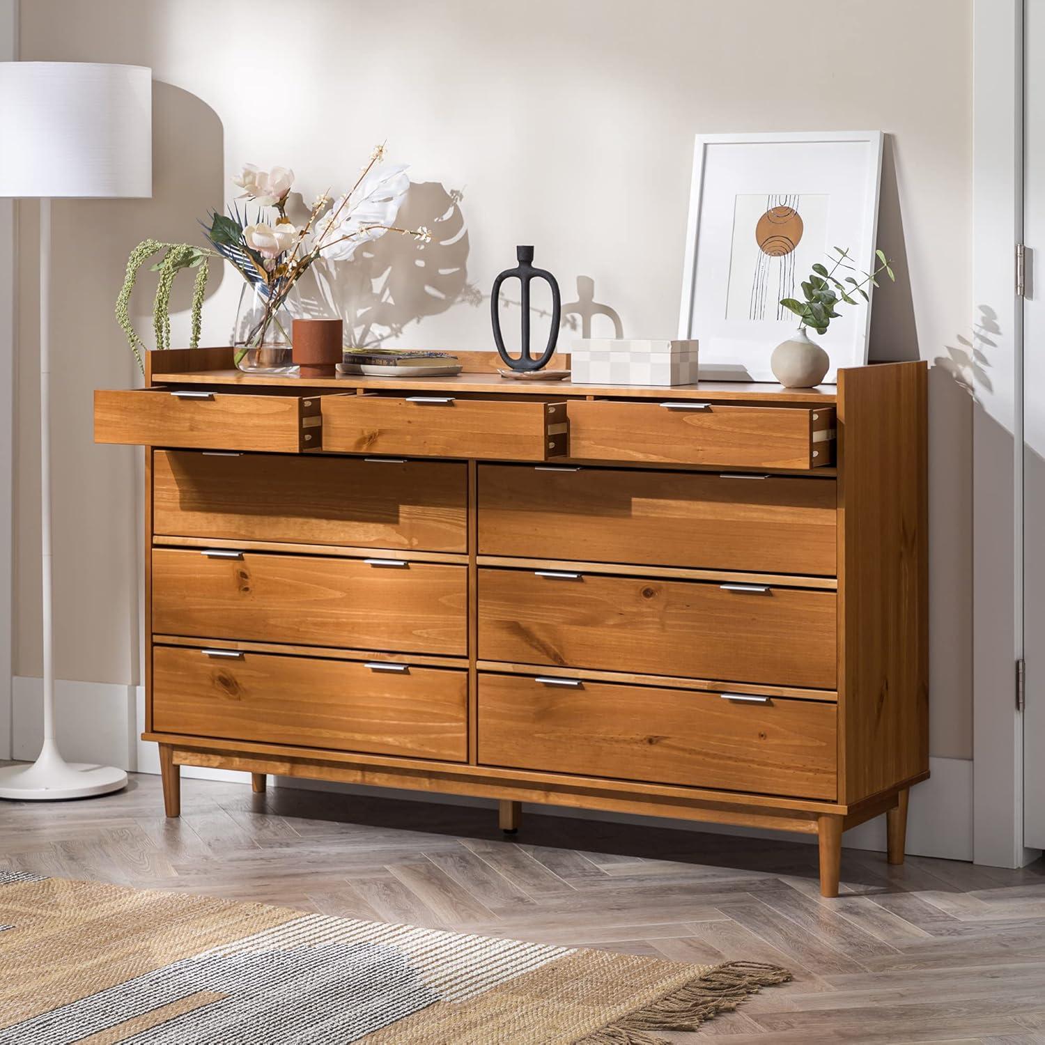 imageWalker Edison Blythe MidCentury Modern TrayTop Solid Wood 9Drawer Dresser 60 Inch WhiteCaramel