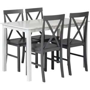 Walker Edison 4 Person Modern Farmhouse Wood Small Dining Table with 4 Chairs Set for Dining Room Kitchen, 48 Inch, White(White and Grey)
