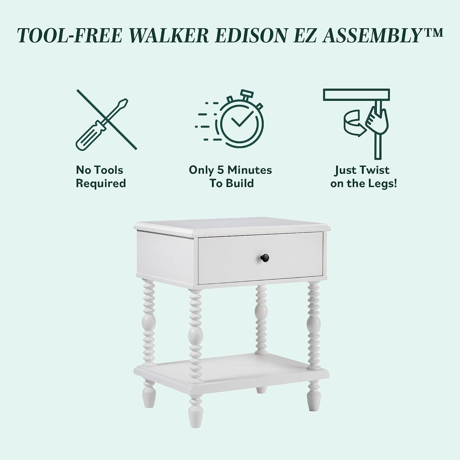 image:imageWalker Edison EZ Assembly Traditional Solid Wood Twin Spindle Post Bed Vintage Bed Frame No Box Spring Required Bed Frame with Headboard and Nightstand Twin Size White