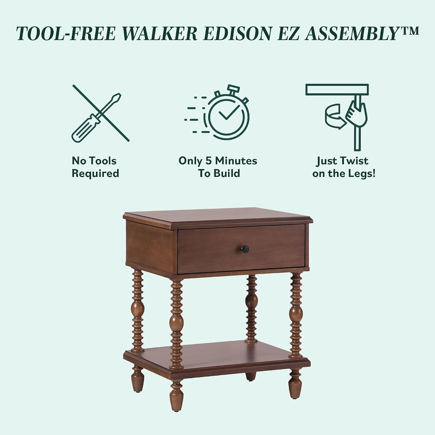 image:imageWalker Edison EZ Assembly Traditional Solid Wood Twin Spindle Post Bed Vintage Bed Frame No Box Spring Required Twin Bed Frame with Headboard and Nightstand Twin Size Dark Brown