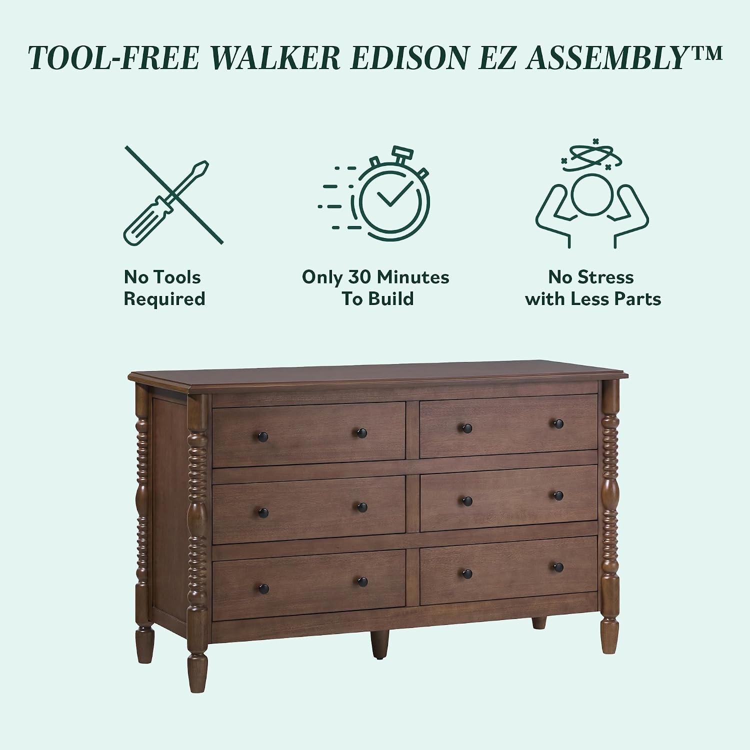 image:imageWalker Edison Solid Wood Spindle Vivienne EZ Assembly 1Drawer Nightstands and 6Drawer Dresser 3Piece Dark Brown