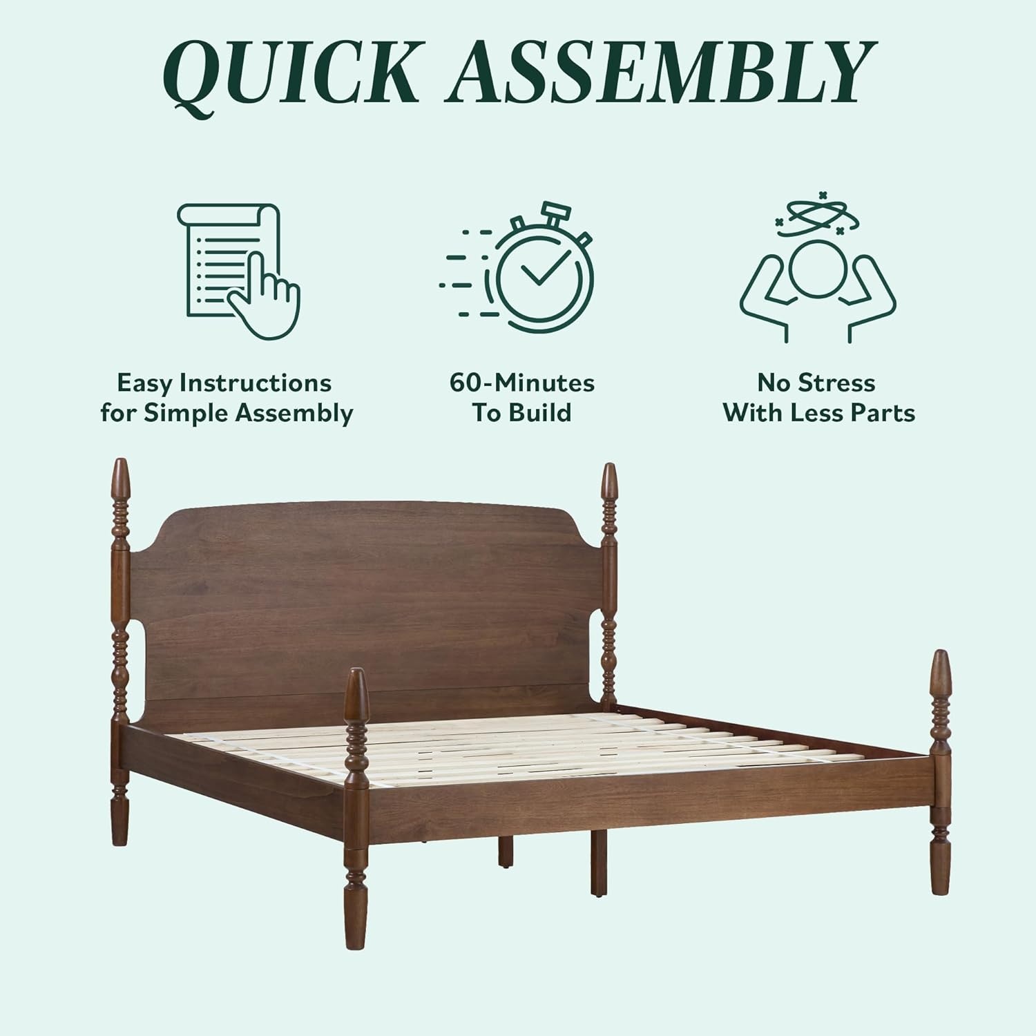 image:imageWalker Edison Solid Wood Spindle Vivienne King Bed with Two EZ Assembly 1Drawer Nightstands and 6Drawer Dresser 4Piece Dark Brown