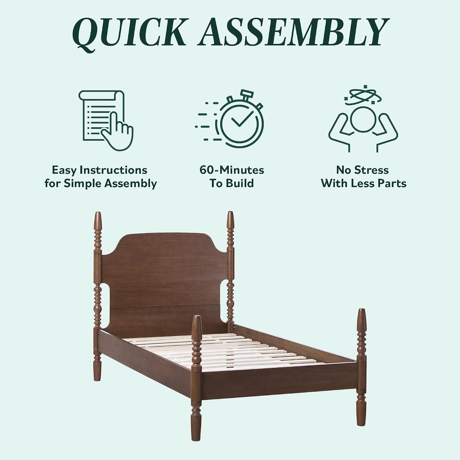 image:imageWalker Edison Solid Wood Spindle Vivienne Twin Bed EZ Assembly Premium 1Drawer Nightstand and 6Drawer Dresser 3Piece Dark Brown