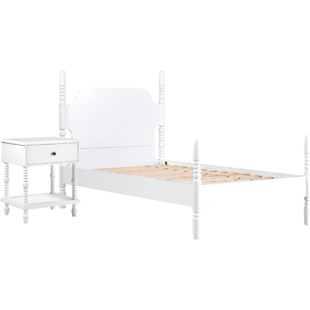 image:imageWalker Edison EZ Assembly Traditional Solid Wood Twin Spindle Post Bed Vintage Bed Frame No Box Spring Required Bed Frame with Headboard and Nightstand Twin Size White
