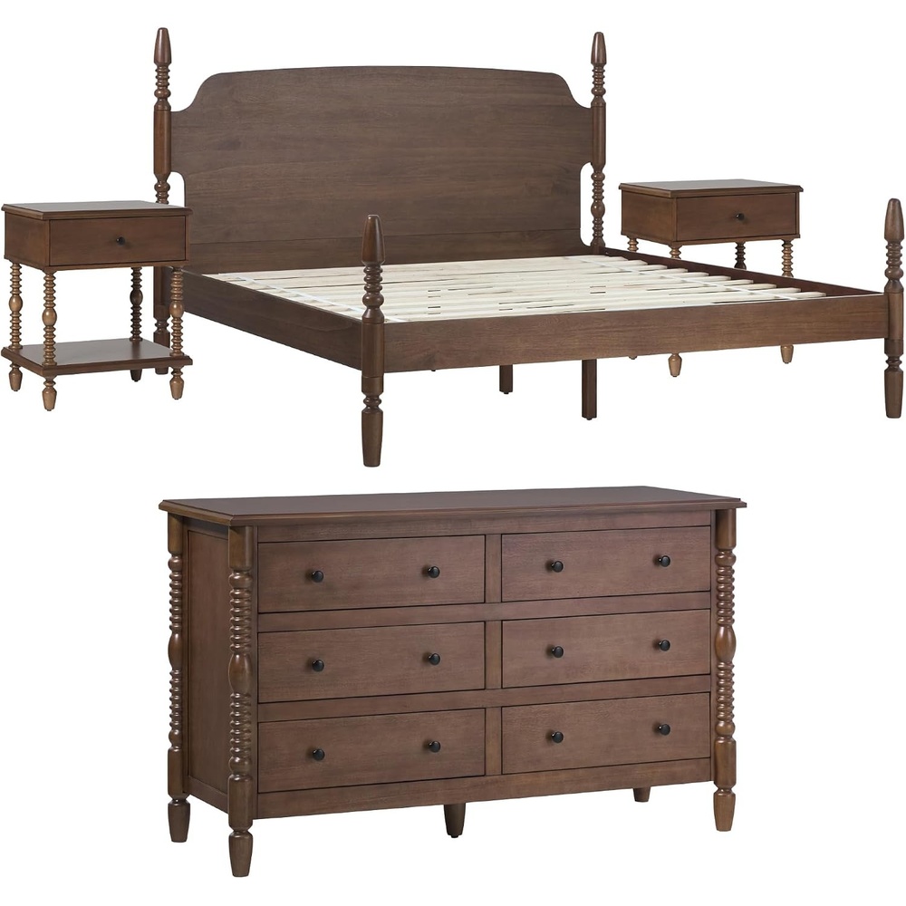image:imageWalker Edison Solid Wood Spindle Vivienne King Bed with Two EZ Assembly 1Drawer Nightstands and 6Drawer Dresser 4Piece Dark Brown