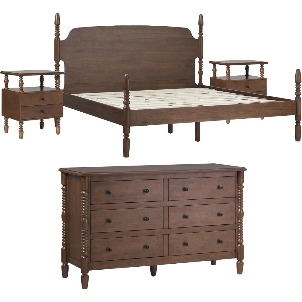 image:imageWalker Edison Solid Wood Spindle Vivienne King Bed with Two EZ Assembly 2Drawer Nightstands and a 6Drawer Dresser 4Piece Dark Brown
