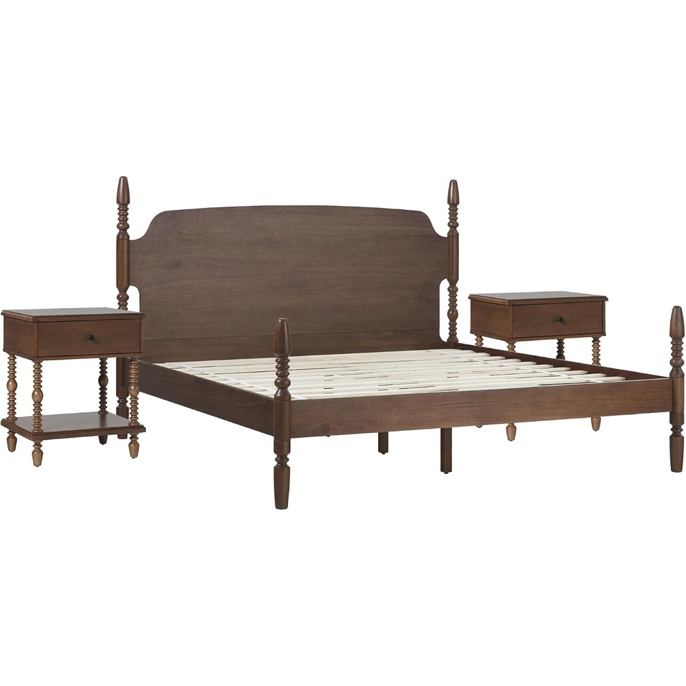 image:imageWalker Edison Vivienne Wood 3Piece Spindle King Bed with Two EZ Assembly 1Drawer Nightstands 3Piece Dark BrownDark Brown