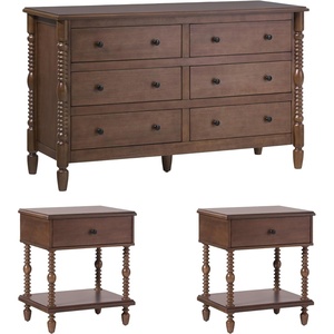 Walker Edison Solid Wood Spindle Vivienne EZ Assembly 1-Drawer Nightstands and 6-Drawer Dresser, 3-Piece, Dark Brown