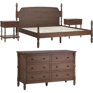 Walker Edison Solid Wood Spindle Vivienne King Bed with Two EZ Assembly 1-Drawer Nightstands and 6-Drawer Dresser, 4-Piece, Dark Brown