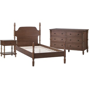 Walker Edison Solid Wood Spindle Vivienne Twin Bed EZ Assembly™ Premium 1-Drawer Nightstand and 6-Drawer Dresser, 3-Piece, Dark Brown