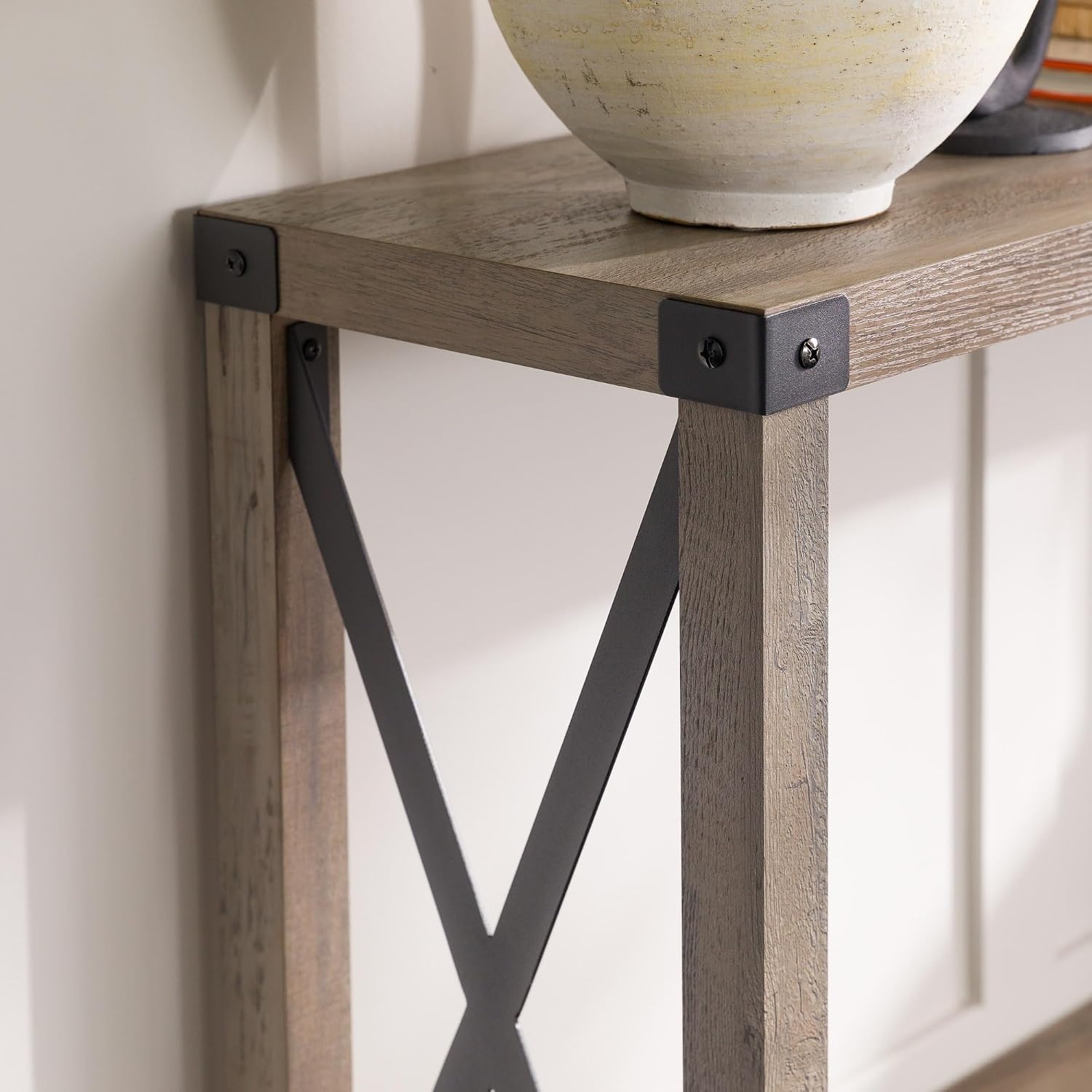 image:imageWalker Edison Sedalia Modern Farmhouse Metal X Entry Table 46 Inch Rustic OakGrey